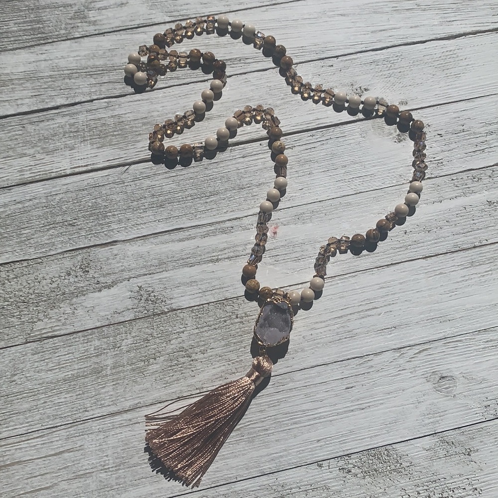 Boho Natural Stones Long Druzy Stone Necklace